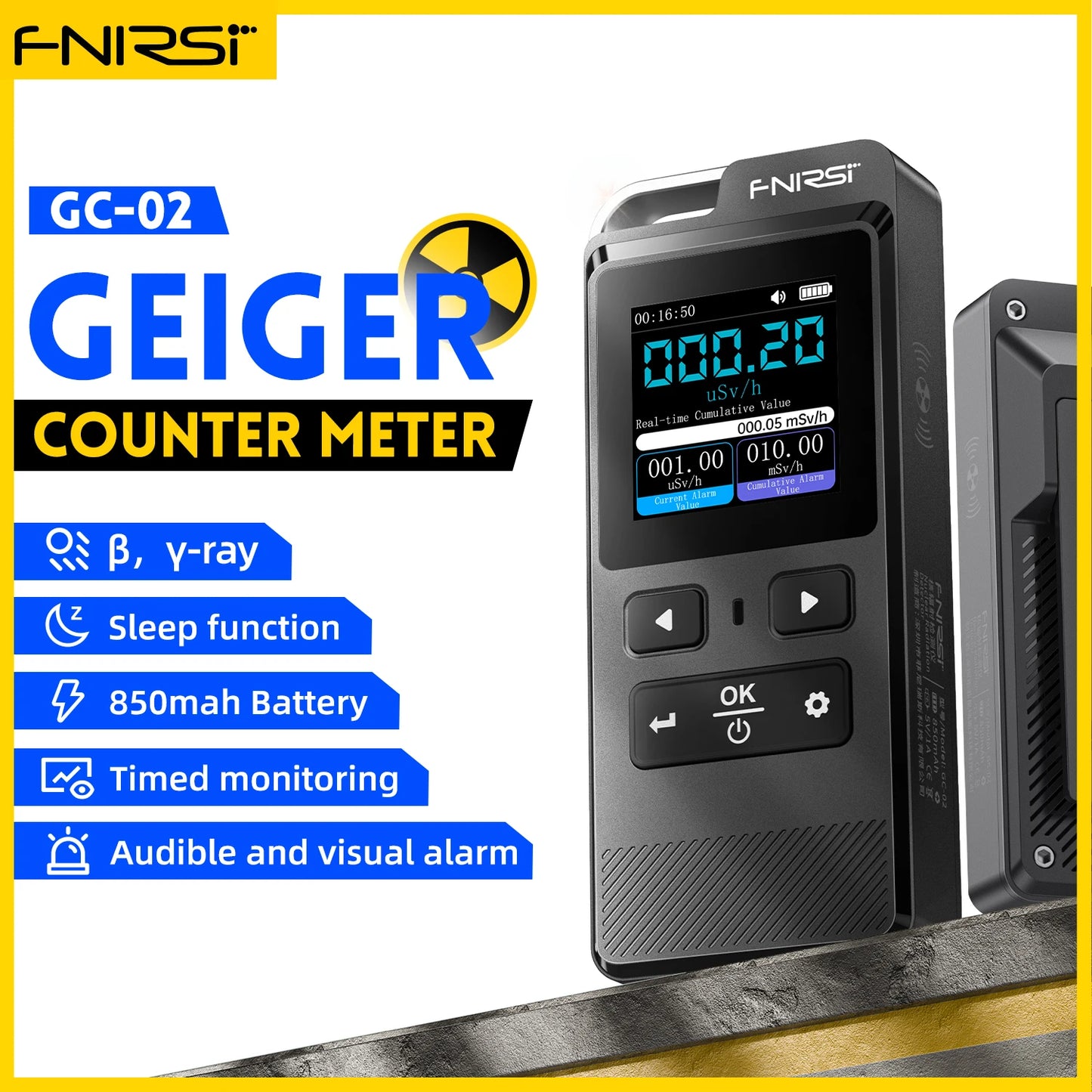 FNIRSI GC-02 Geiger Counter Nuclear Radiation Detector Personal Dosimeter X-ray γ-ray Radioactivity Tester Marble Detector