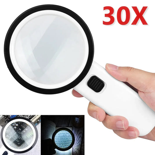 30X Handheld Illuminated Magnifying Glass with 12 LED Lights Reading Magnifier for Seniors Coins Insect Inspection Jewelry Loupe