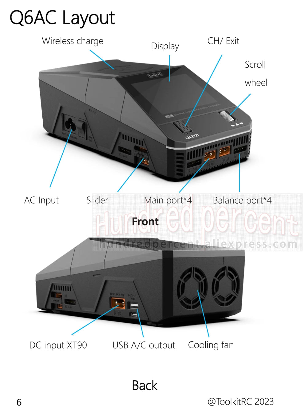 ToolkitRC Q6AC Charger AC 400W/DC 1000W 4CH output Built-in 65W USB A/TYPEC Output ,LiPo, 1-6S，NiMH 1-16S,PB 1-10S Charger IPS