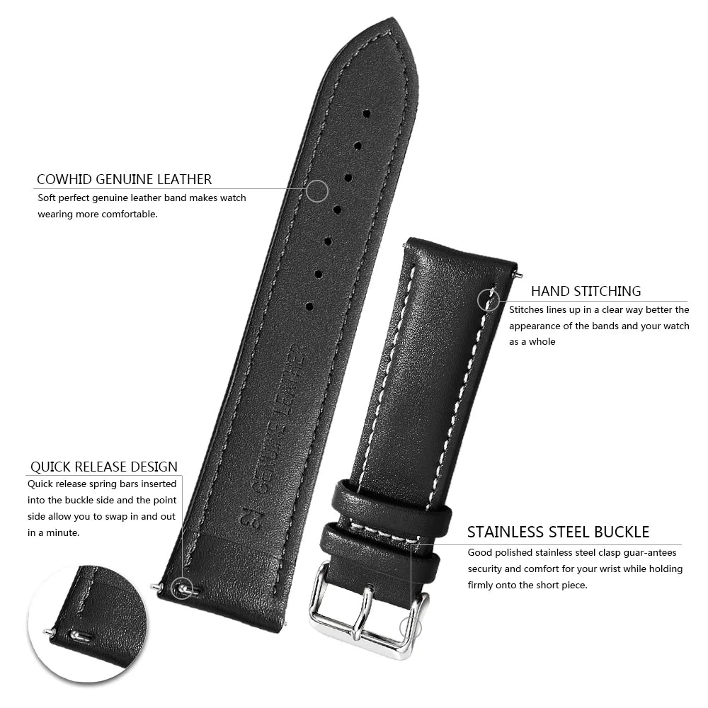 Top Grain Genuine Leather Watch Band, Quick Release 18mm/20mm/22mm Watch Straps, Fits Samsung Galaxy Watch, Garmin Huawei Watch