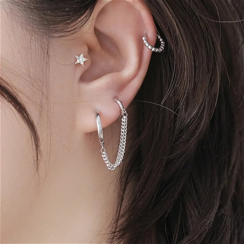 1PCS Punk Cool Two Hole Piercing Earrings Gold Silver Color Long Tassel Chain Drop Earrings for Women Fashion Jewelry Gifts