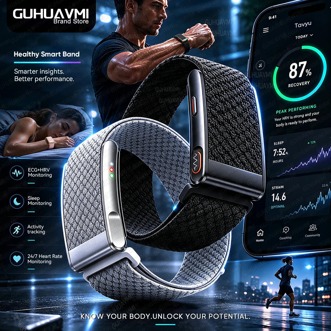 GUHUAVMI ECG+HRV Health Smart Bracelets Heart Rate Blood Pressure Body Fat BMI Body Temperature 3ATM Fitness Tracker Smart Watch