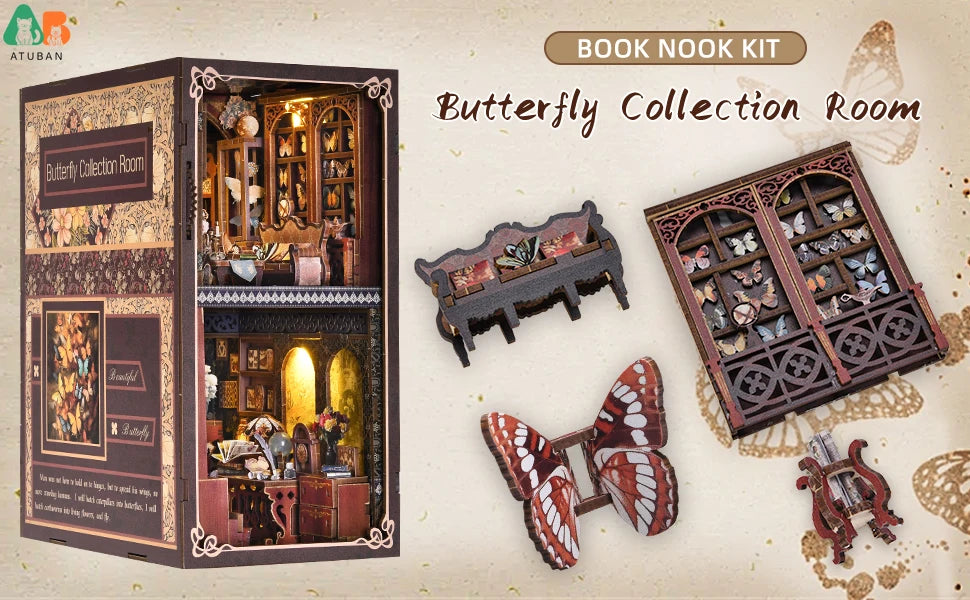 ATUBAN DIY Book Nook Kit, 3D Wooden Puzzle Miniature Dollhouse, Booknook Kit Bookend Bookshelf Insert Decor with LED Light