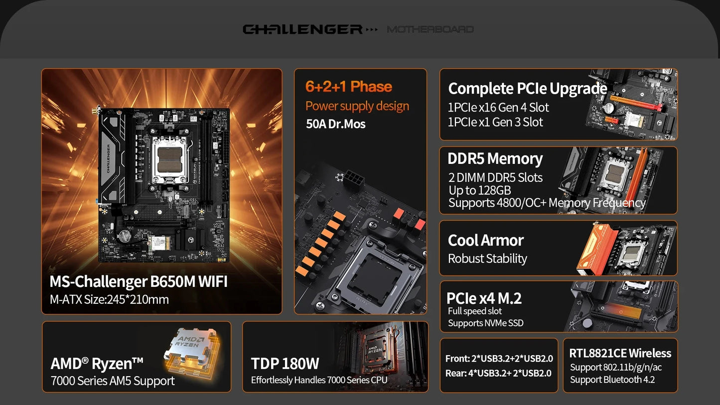 MAXSUN Motherboard Set B650M WiFi with AMD CPU Ryzen 5 7500F AM5 Support DDR5 M.2 Computer components B650 Motherboards