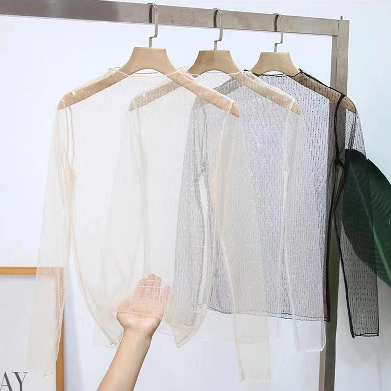Sexy Women T Shirt See Through Mesh Blouses Long Sleeve Bottoming Shirts Turtleneck Spring Summer Sunscreen Tops Punk Club Tees
