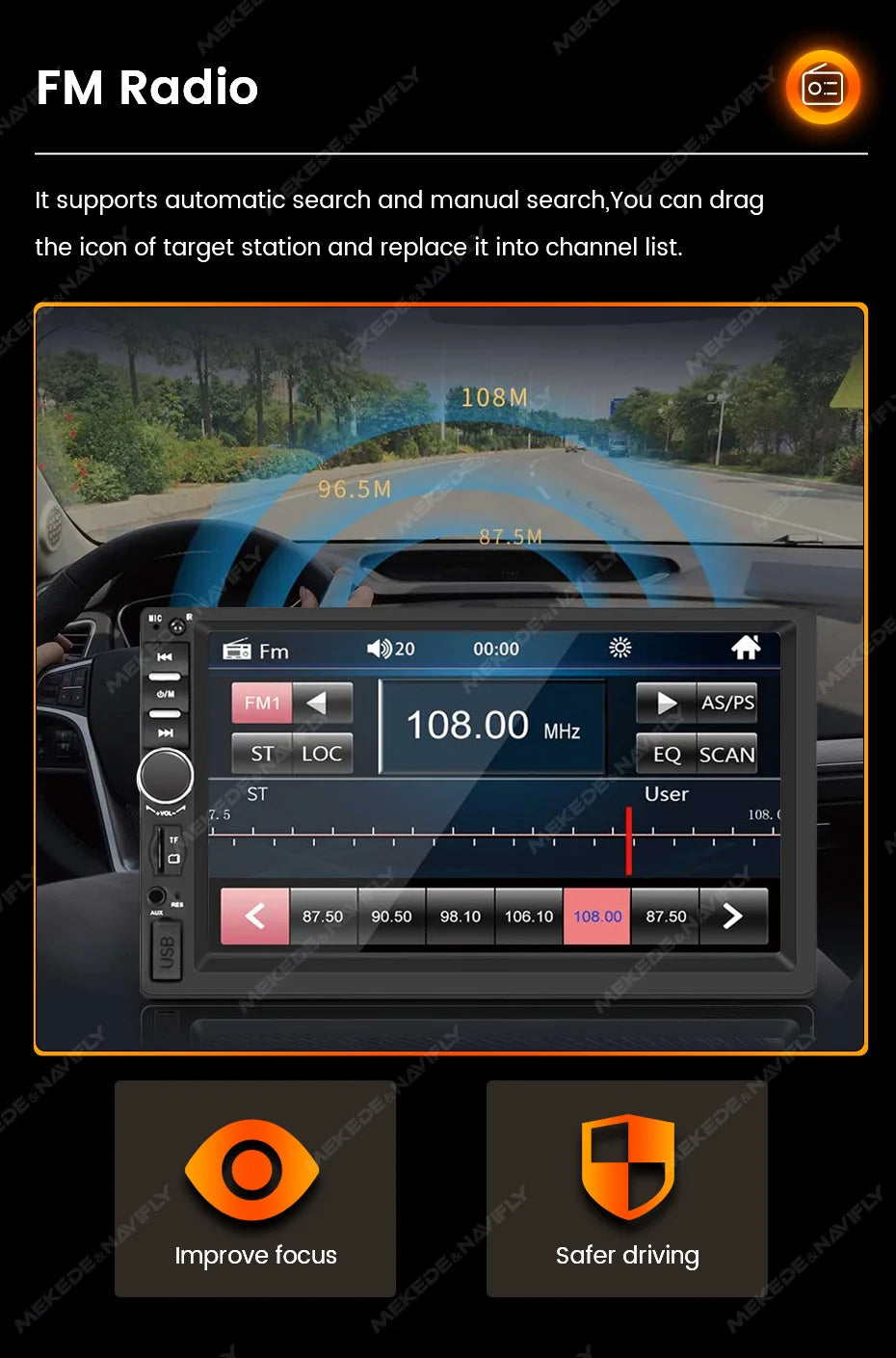 MEKEDE 7" 1Din for Universal Car Radio MP5 Touch Screen DVD Video Multimedia Player Support Mirror Lin-k BT SWC FM Camera Stereo