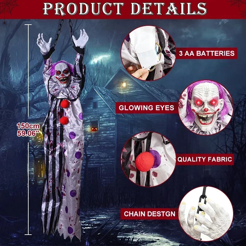 Halloween Hanging Animated Decorations Talking Shaking Scary Clown with Chain Voice Control Outdoor Yard Haunted House Prop