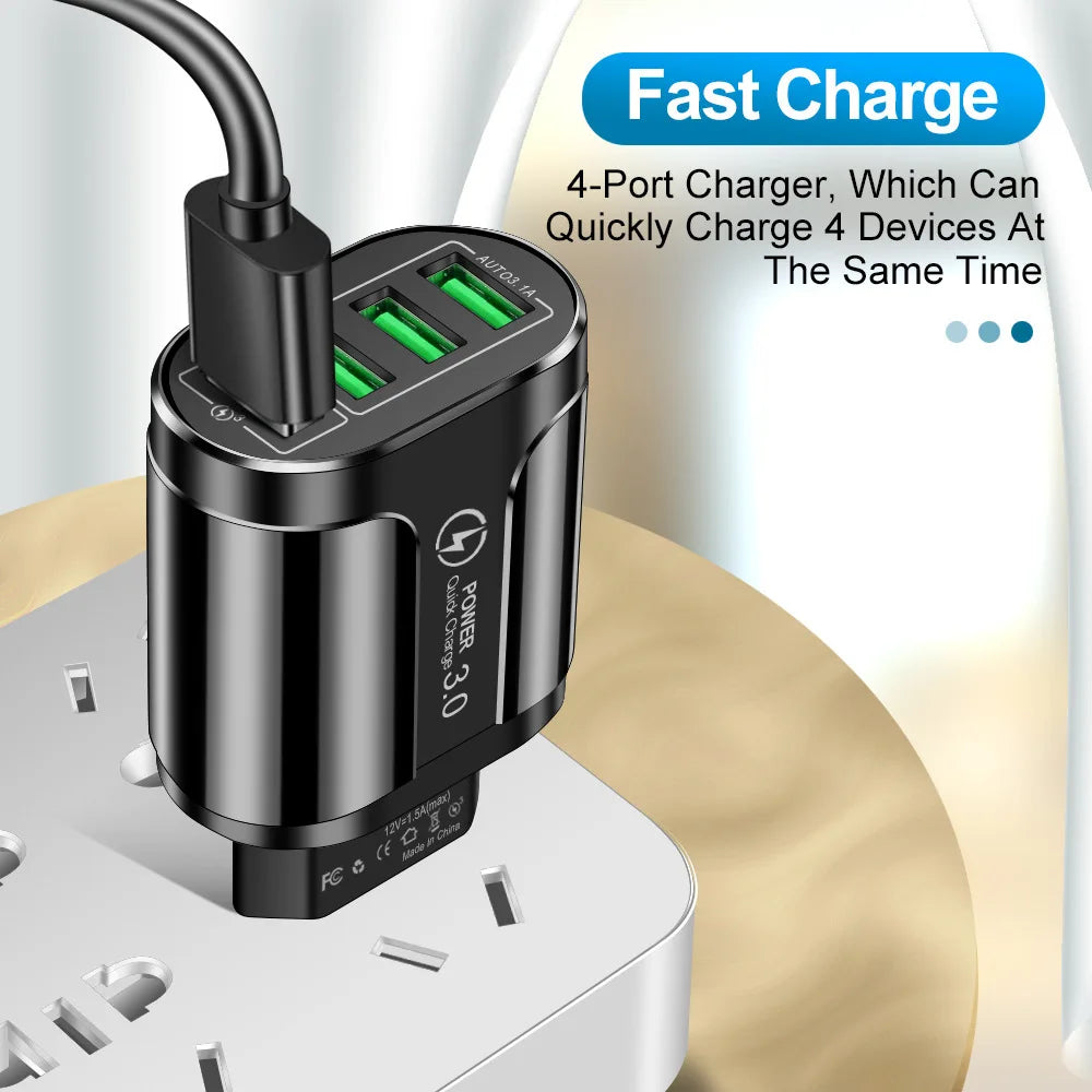 3.1A 4 Ports USB Charger Fast Charge QC 3.0 Wall Charging For iPhone 15 14 Samsung Xiaomi Mobile 4 USB Travel Charger EU US Plug