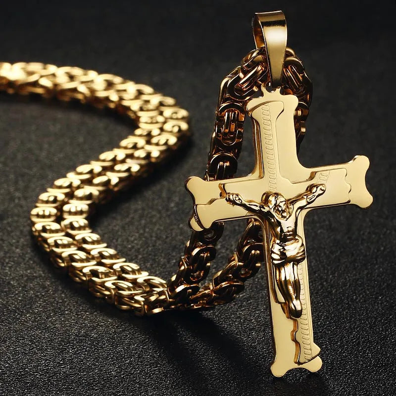 Stainless Steel Crucifix Jesus Byzantine Link Chain Necklace Fish Bone Pattern Cross Pendant Necklace Catholic Jewelry Men Gift