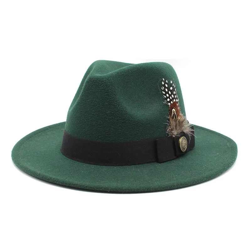 White Woolen Gentleman Classic British Jazz Feather Top Hat Wide Brim Party Church Wedding Fedora Hats Men Women Panama Felt Cap
