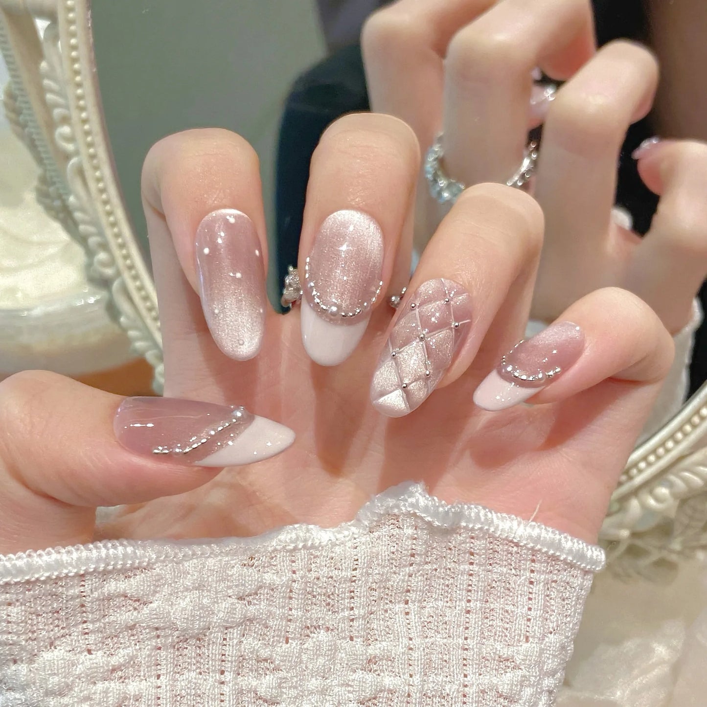 10pcs Handmade Press on Nails Plaid Pearl French Cat's Eye Aurora Fishtail Full Coverage Nail Tip for Women&Girl Removable Nail