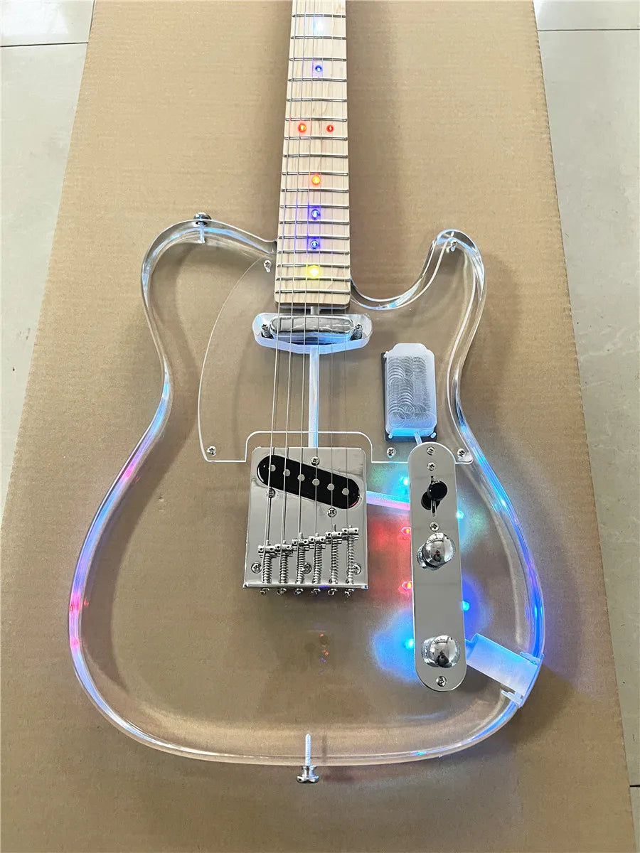 High quality classic acrylic transparent Plexiglass crystal 6-string electric guitar LED lights Maple guitar neck Free shipping