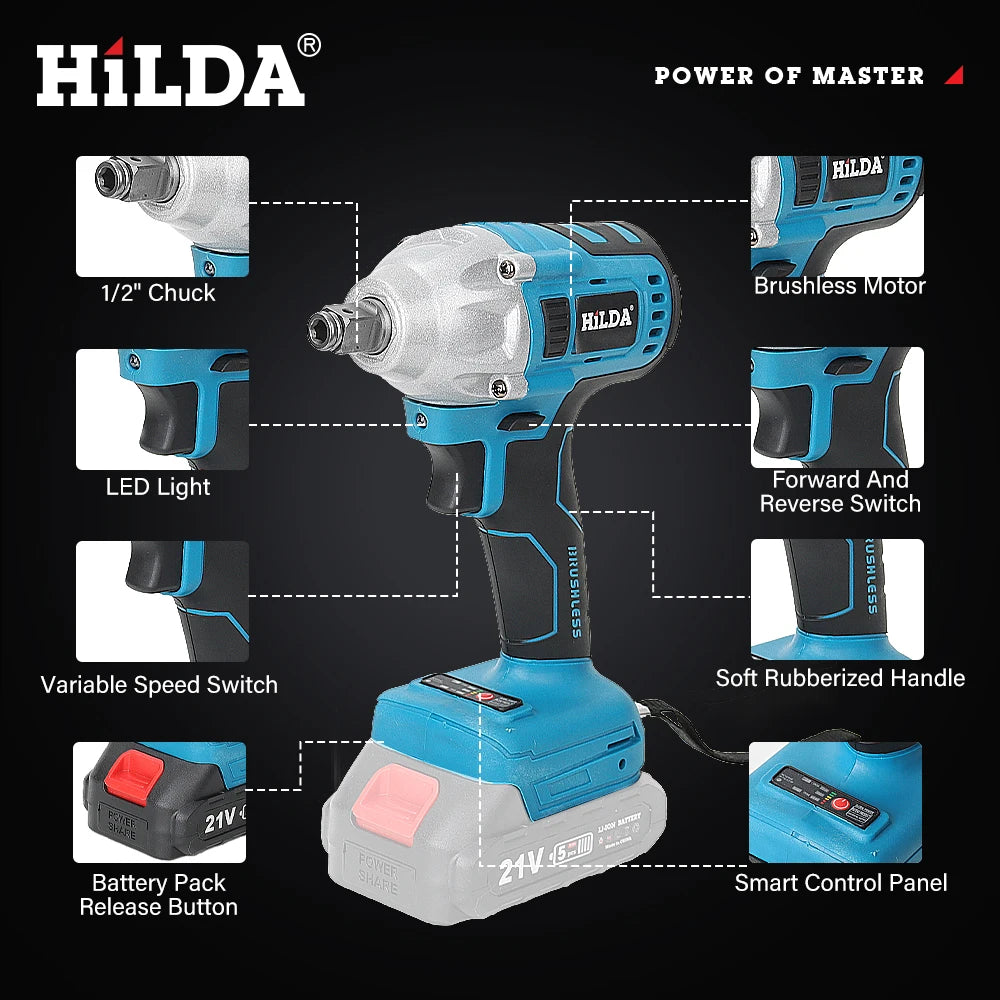 HILDA 18V Blue Brushless/Brushed Electric Impact Wrench Rechargeable 1/2 Socket Wrench Cordless for Makita Battery