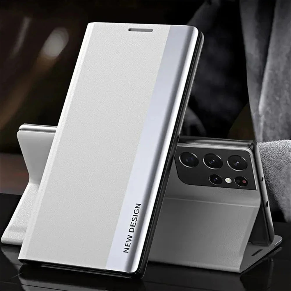 Stand Flip Phone Case For Samsung S26 S25 S24 S23 S22 S21 S20 FE Ultra Leather Plating Back Cover On Galaxy S26 S25 Plus Funda