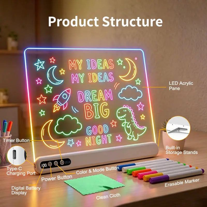 LED Drawing Board for Kids Rechargeable Light-Up Acrylic Neon Board with Timer and Built-in Stand Digital Battery