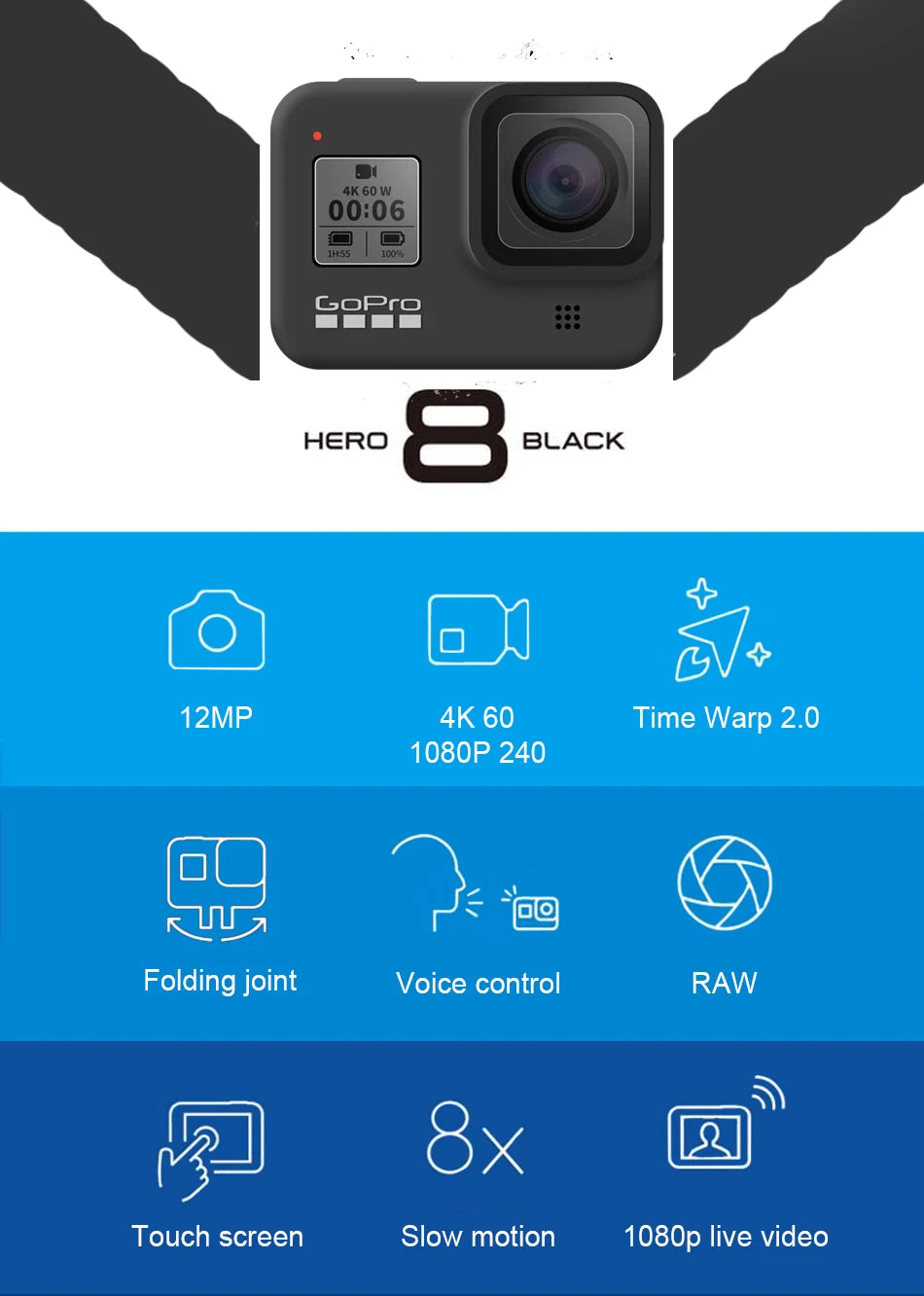 GoPro hero 8 Black stable 4K video 12MP photo portable 1080p live broadcast Motorcycle and Skiing Sports go pro Camera