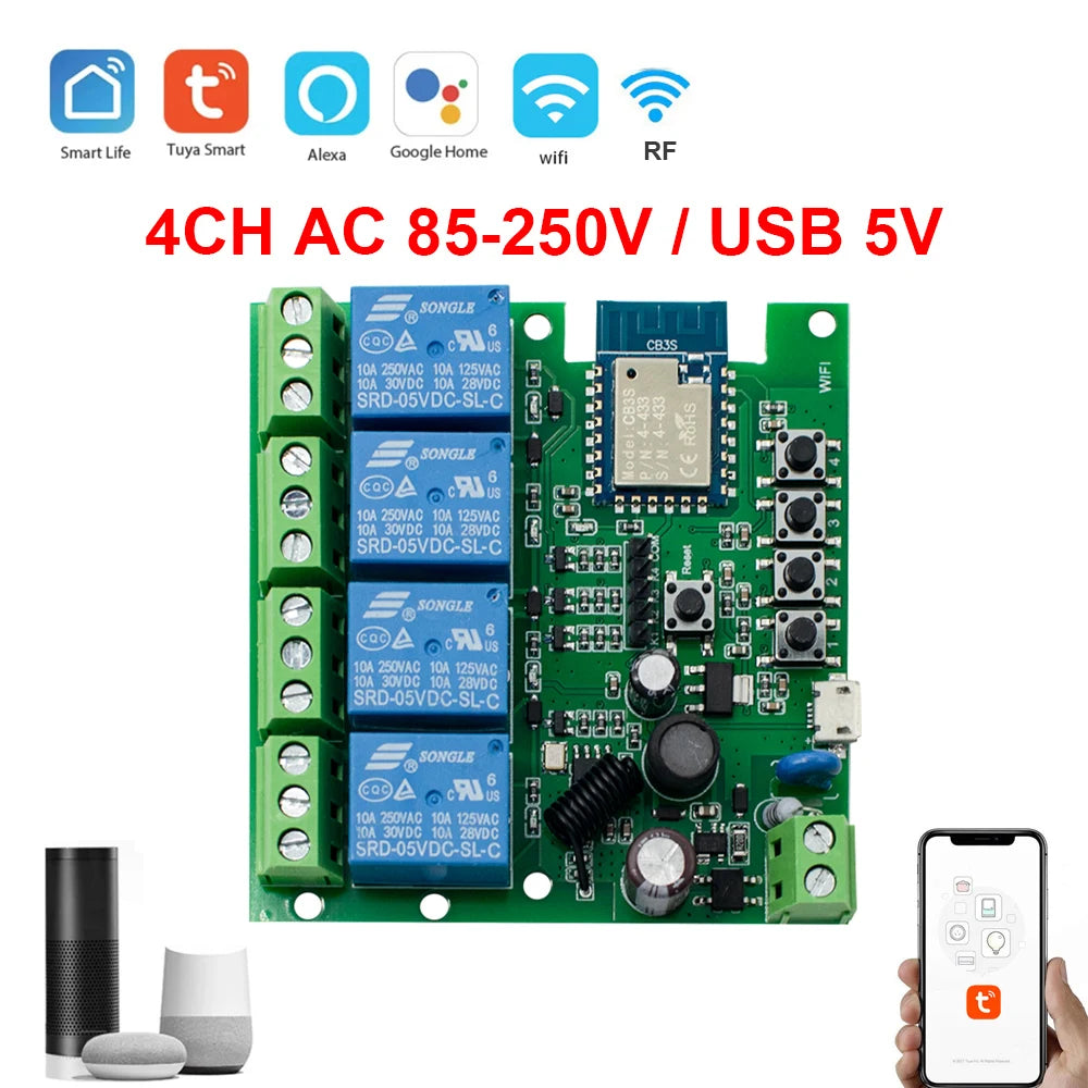 Tuya Smart 4 Channel WiFi RF Momentary Inching Relay Self-Lock Switch Module,DIY WiFi Garage Door Controller, Alexa Google Home
