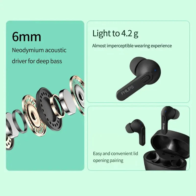 PHILIPS TAT2206 TWS Wireless Bluetooth Earphones Waterproof IPX4 SBC Sports Headset 500mAh Low Latency Gaming Headphone with Mic