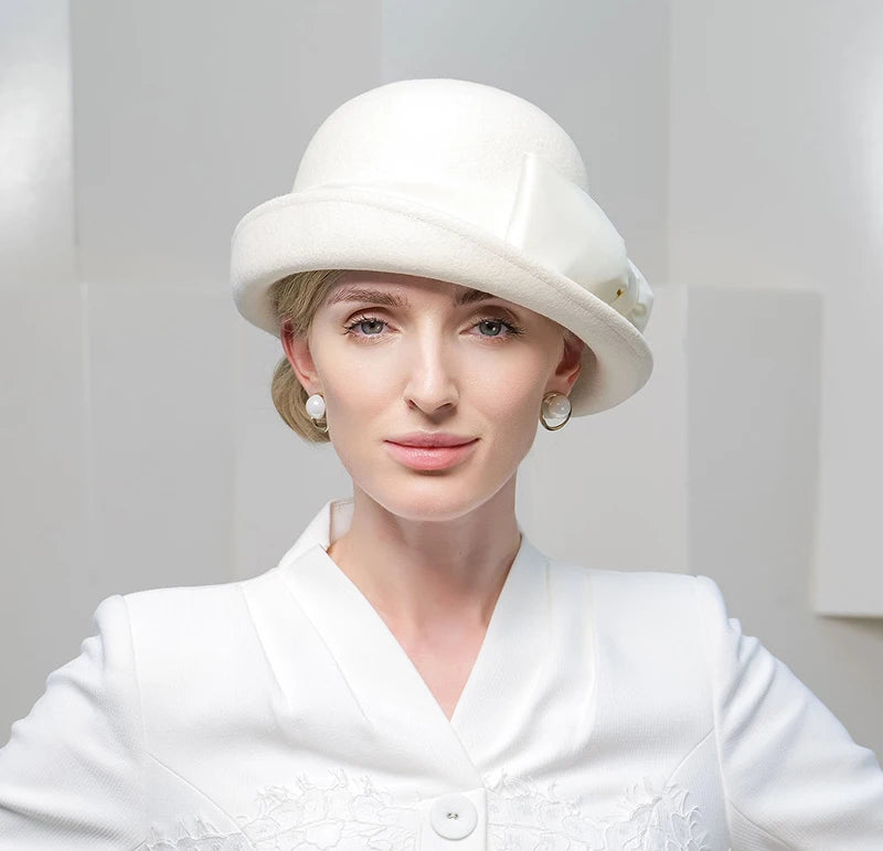 Wool Felt Fedoras Hats for Women Ladies White Black Elegant Curl Brim Top Hat for Wedding Bride Formal Church Cocktail Tea Party