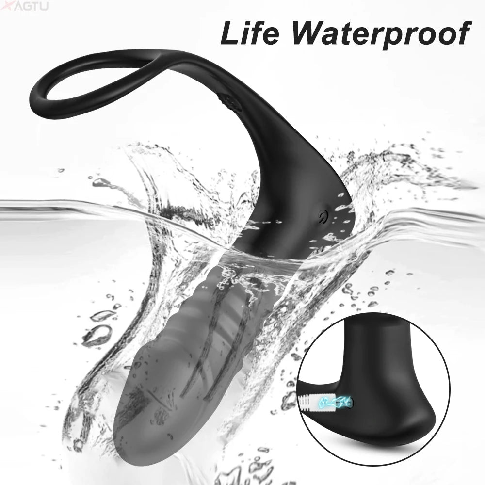 4in1 Thrusting Vibrating Anal Vibrator Prostate Massager Cock Ring Anal Plug G Spot Massager Male Sex Toys for Men Women Couples