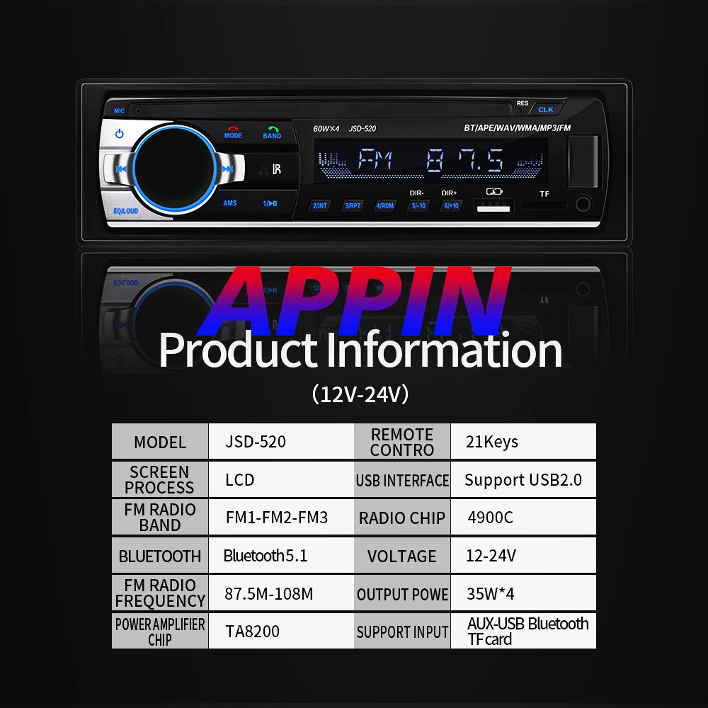 (Factory Direct Sales) Car Mp3 Player Stereo 60W*4 12v/24v Car Truck Usb/Tf/Fm/Aux Bluetooth Audio Radio