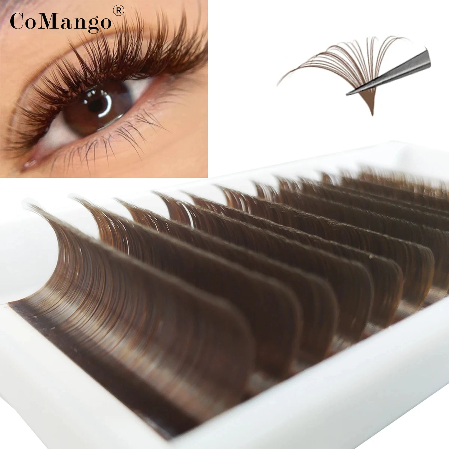 CoMango Dark Brown Easy fan Eyelash Extension C/D Curl Mix 8-14mm Individual Ombre Eyelash Lashes High Quality Colorful Blooming