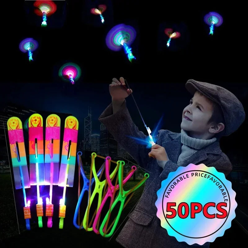 New 50/30/10/5/1 Super Cool Lighted Toys Flying Spinning Toys LED Lighted Toys Best Gift for Kids Rubber Band Slingshot