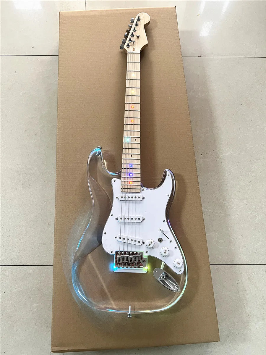 High quality classic acrylic clear Plexiglas crystal 6-string electric guitar with colored lights maple neck Free shipping