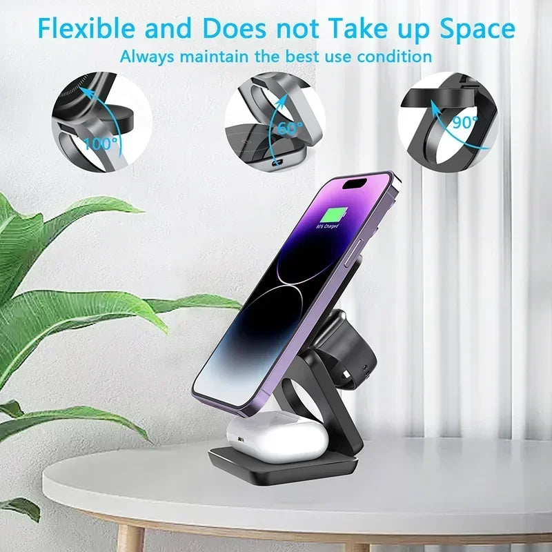 3 In 1 Foldable Magnetic Wireless Charger Stand For iPhone 15 14 13 12 Pro Max Apple Watch AirPods Fast Charging Station Holder