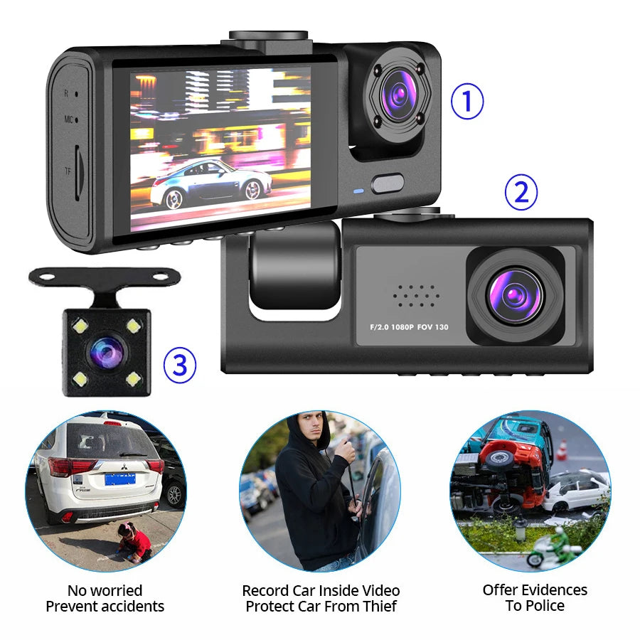 3 Channel Dash Cam Video Recorder Three Lens Car Camera with Rear View DVR 24H Parking Monitor Black Box