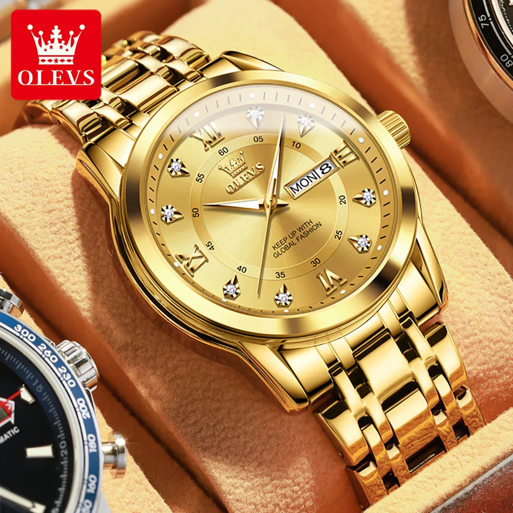 OLEVS Quartz Watch for Men Luxury Diamonds Gold Watch Waterproof Luminous Stainless Steel Business Men's Quartz Watch Mens Watch