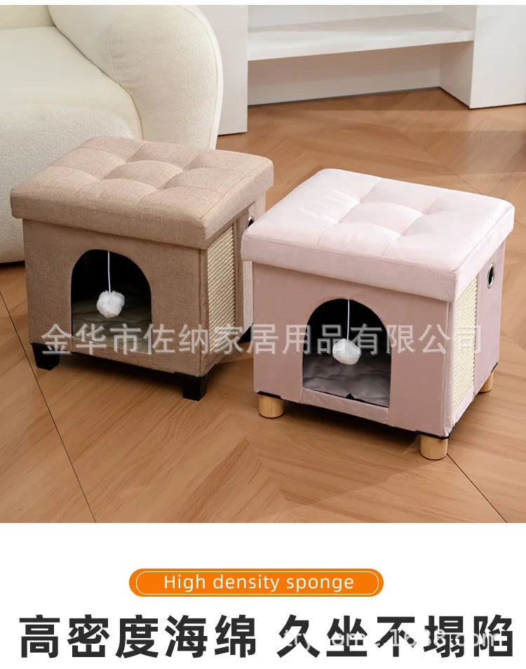 Multi Functional Cat Bed with Wooden Legs Foldable Pet Stool for Sitting