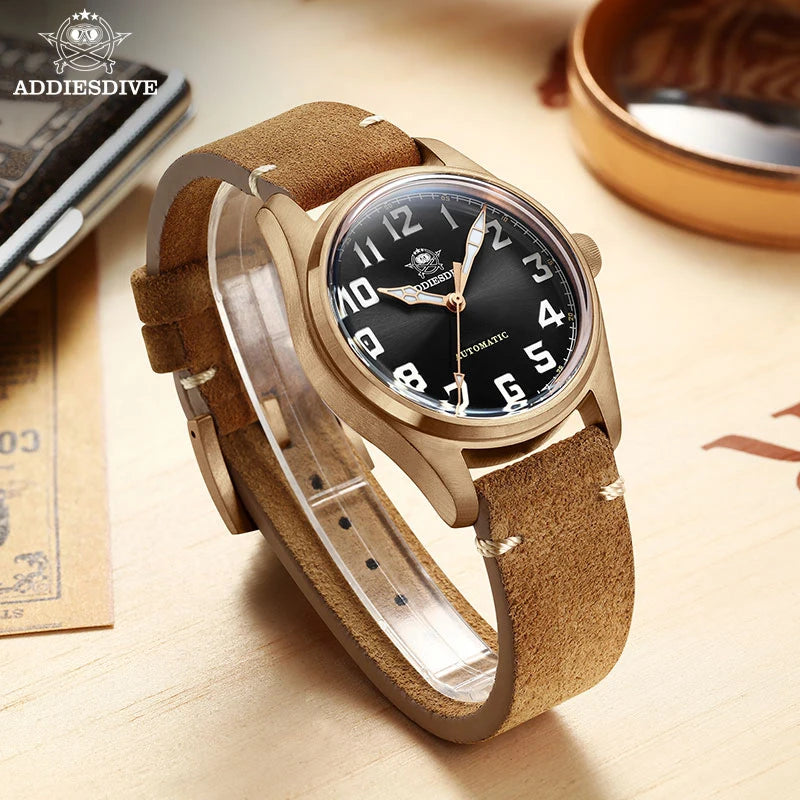 ADDIESDIVE 39mm Vintage CuSn8 Bronze Diver 200m Men's Watch Bubble mirror sapphire glass Automatic Mechanical Leather Strap