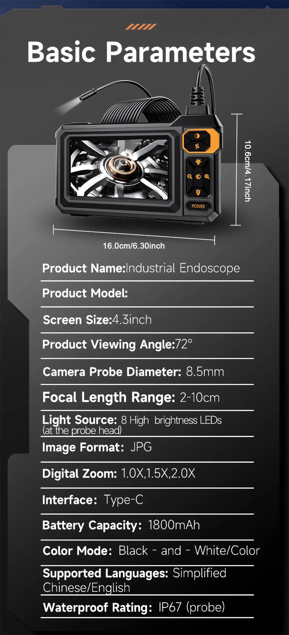 Industrial Endoscope Camera 4.3inch IPS Screen Sewer Pipe Inspection Camera for Car Repair IP67 Waterproof Probe Borescope