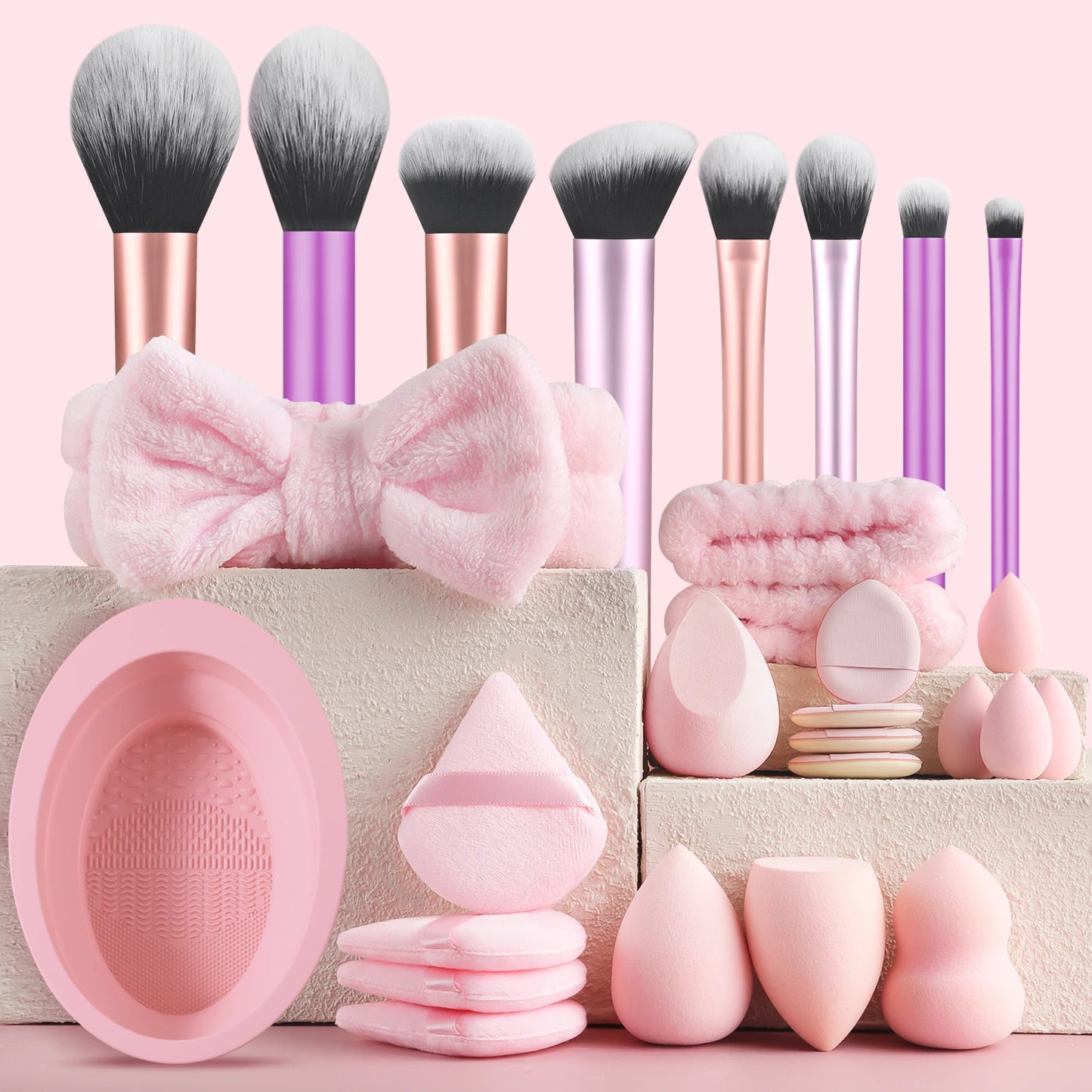 28-piece makeup tool set - 8-piece professional makeup brushes + toiletries set and washing bowl & puff sponge egg combination