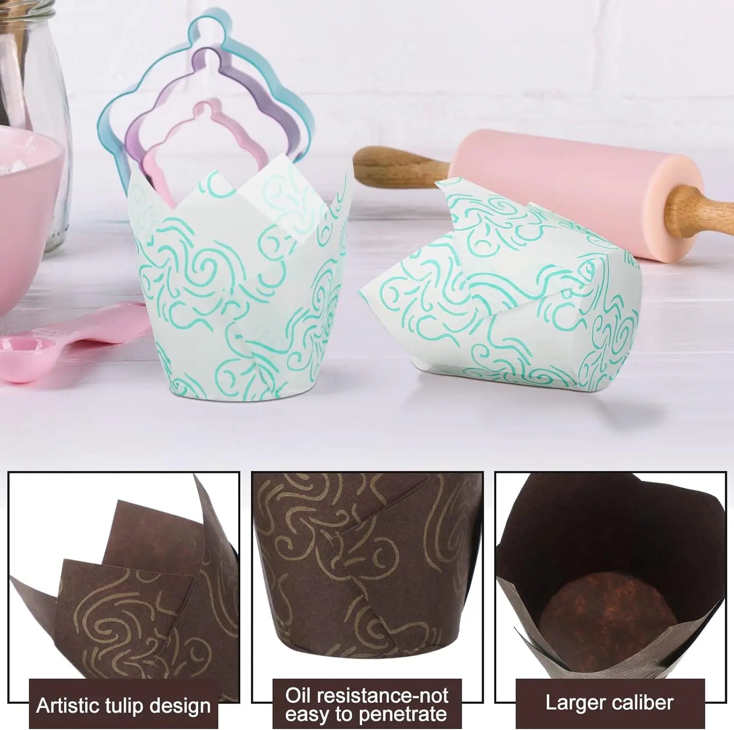 40/100/200Pcs Tulip Cupcake Liners, Muffin Cupcake Paper Wrappers with Gold Print, Baking Cup Holder for Wedding, Birthday