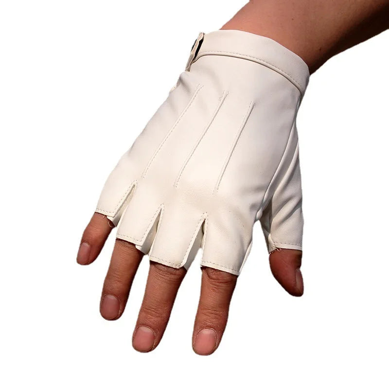Men Women Gloves PU Leather Fingerless Fitness Sports Button Street Dance Perform Fishing Tactics Four Seasons Cycling Gloves