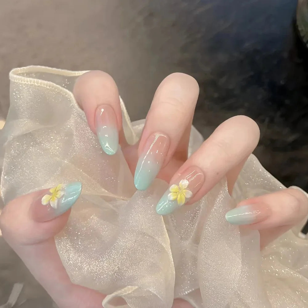 24Pcs Mid-length French Round Head Press on Fake Nails with Cat's Eye Design False Nails Rhinestone Reusable Full Cover Nail Tip