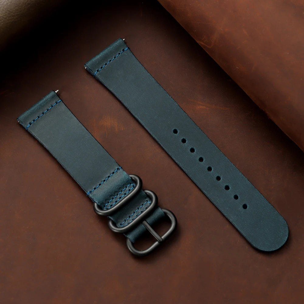20mm 22mm Crazy Horse Leather Watch Band Black Ring Buckle Strap for Samsung Galaxy Watch 7/6/5/4 for Huawei Watch GT 5-4-3-pro