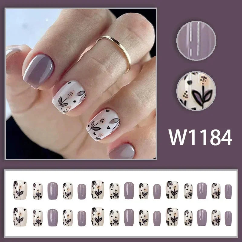 Black Ink Style Fake Nail with Jelly sticker Press on False Nails Wearable Round Head Oval Full Cover Nail Tips