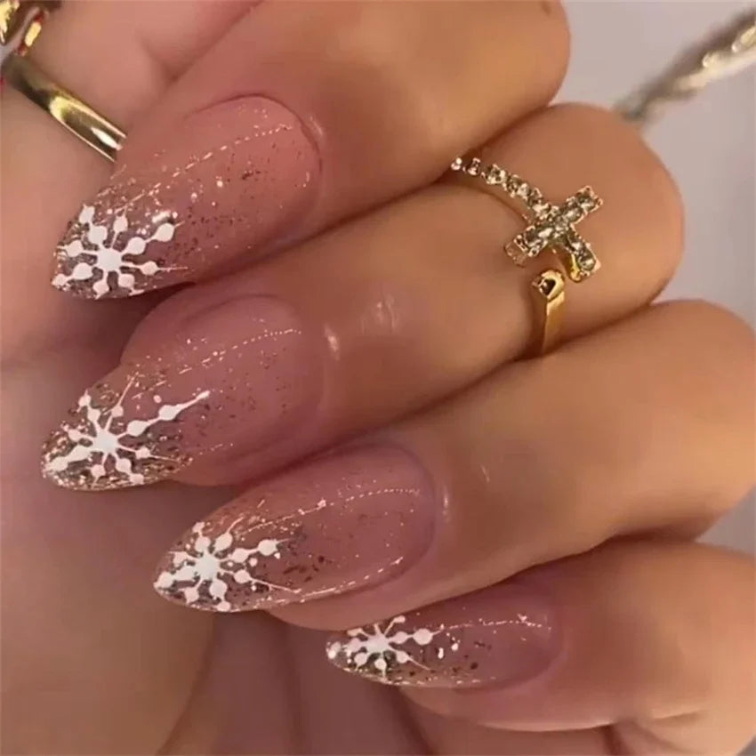 24Pcs/Set Black French Fake Nails Chips Removable Almond Shape Pointed Wearing False Nails Full Cover Stick Press on Nail Tips