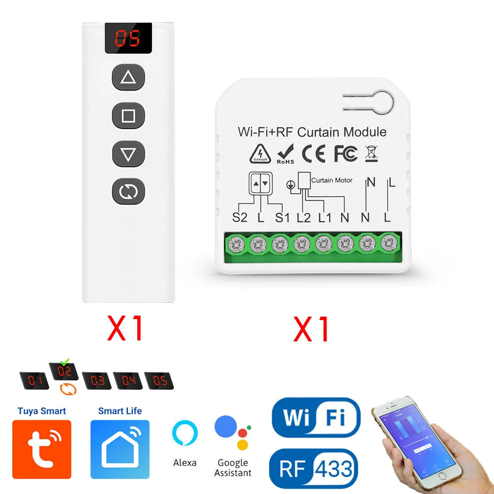 Tedeligo Tuya WiFi RF Smart Curtain Switch,110V 220V Roller Shutter Blinds Control Module with Wireless Remote,work with Alexa