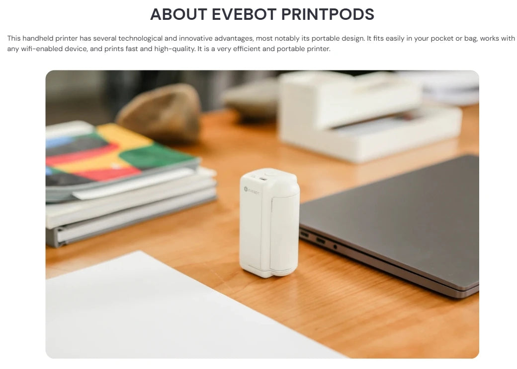 Evebot PrintPods Handheld Printers for Absorbent Surfaces Mini Wireless Smart Printing Machine Pattern Logo QR Code DIY Tattoos