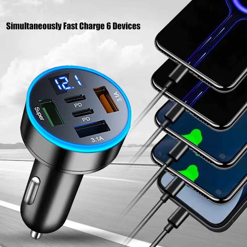 UYUXIO 5 in 1 USB Car Phone Charger Adapter with Voltage Display Dual PD Port Super Fast Charge for iPhone Samsung Huawei OPPO