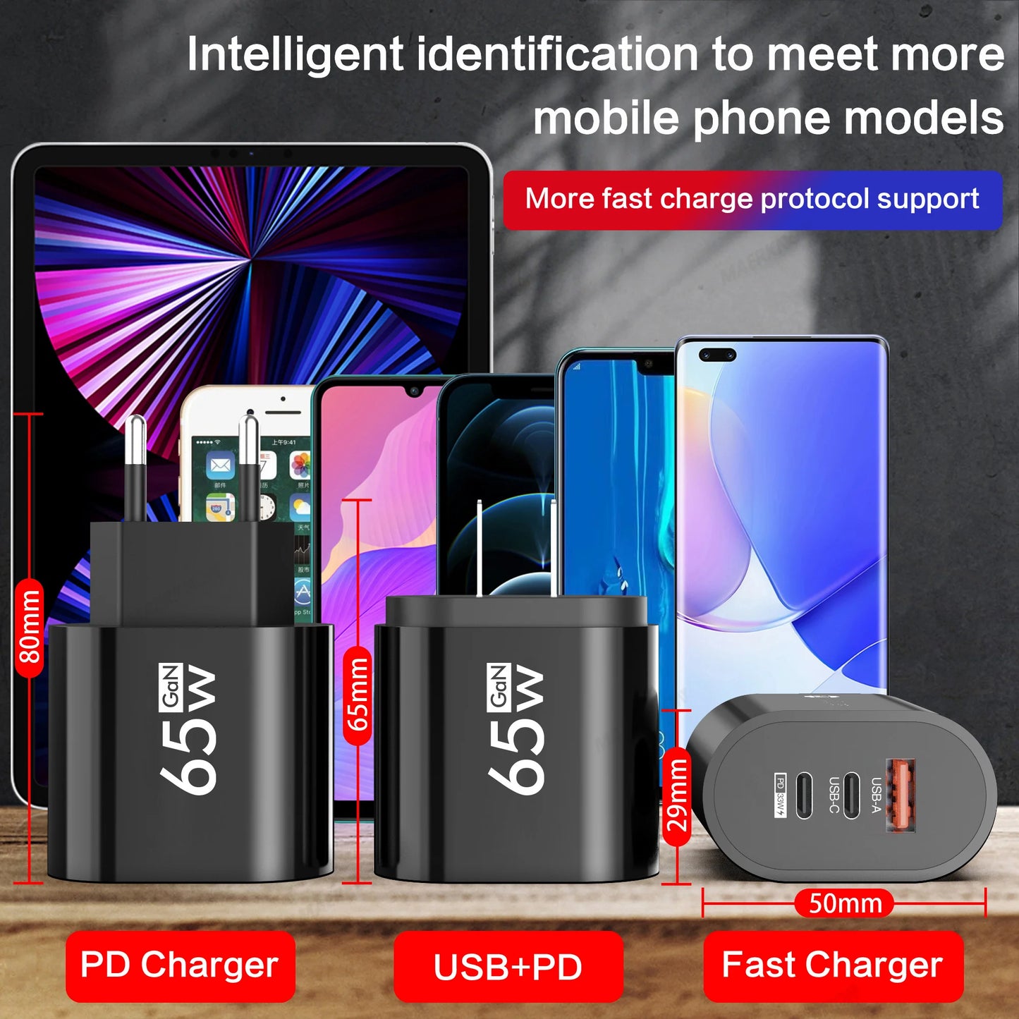 GaN USB C Charger Fast Charging EU US Plug 3 Ports 65W Quick Charge Phone Adapter For iPhone 15 14 Xiaomi Samgsung Wall Charger