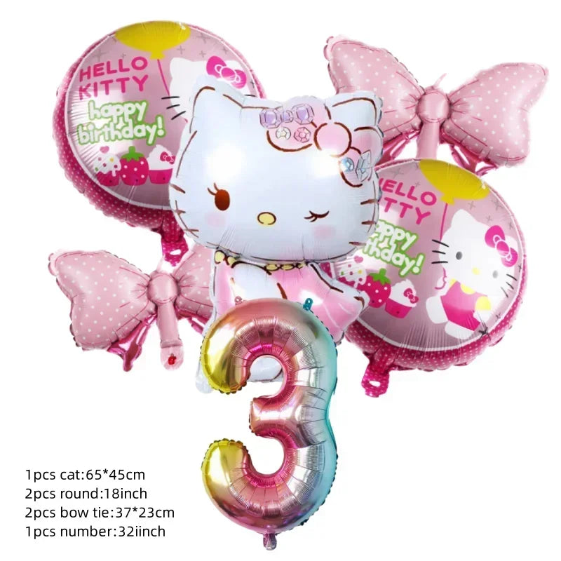 Cute Cartoon Kitty Cat Balloons Set First 5th 6th Birthday Decoration Baby Shower Globos Hello Cake Topper Backdrop Candy Box