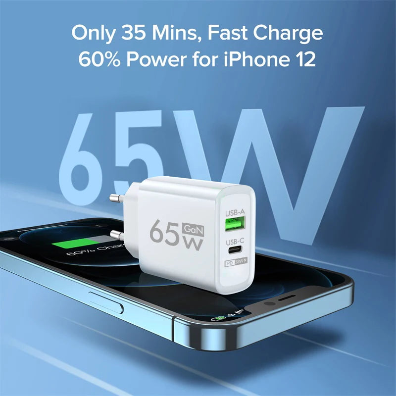 Total 65W GaN Charger USB Type C PD Fast Charging for iPhone 15 14 13 Xiaomi 14 Samsung Oneplus Quick Phone Charger Wall Adapter