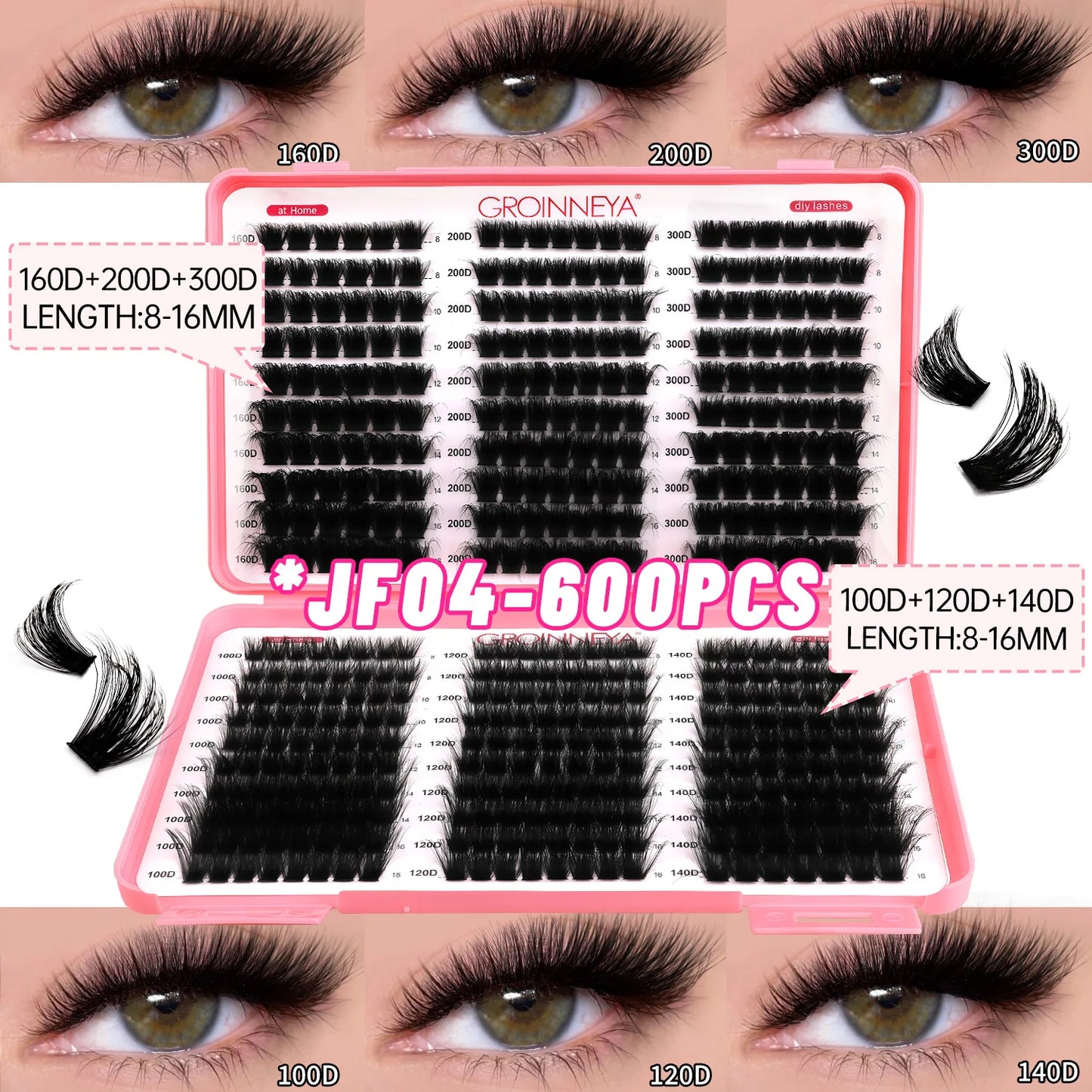 GROINNEYA Lashes Cluster DIY Lash Extension Mixed Tray Clusters Eyelashes Fluffy Volume Individual Lashes Cat Eye Lash Extension