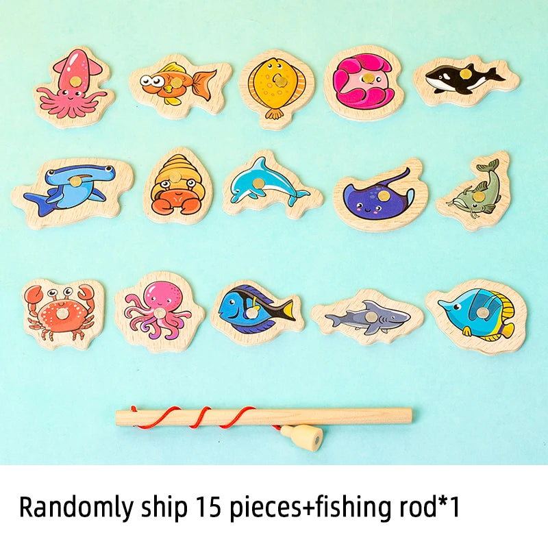 Fishing Toys Montessori Wooden For Children Magnetic Marine Life Cognition Fish Games Parent-Child Interactive Educational Toy