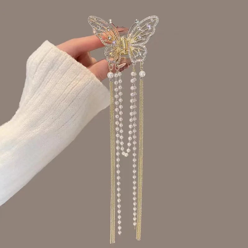 Retro Hollow Butterfly Tassel Hairpin Korean Girl Rhinestone Ponytail Hair Grabber Elegant Pearl Hair Accessories for Women